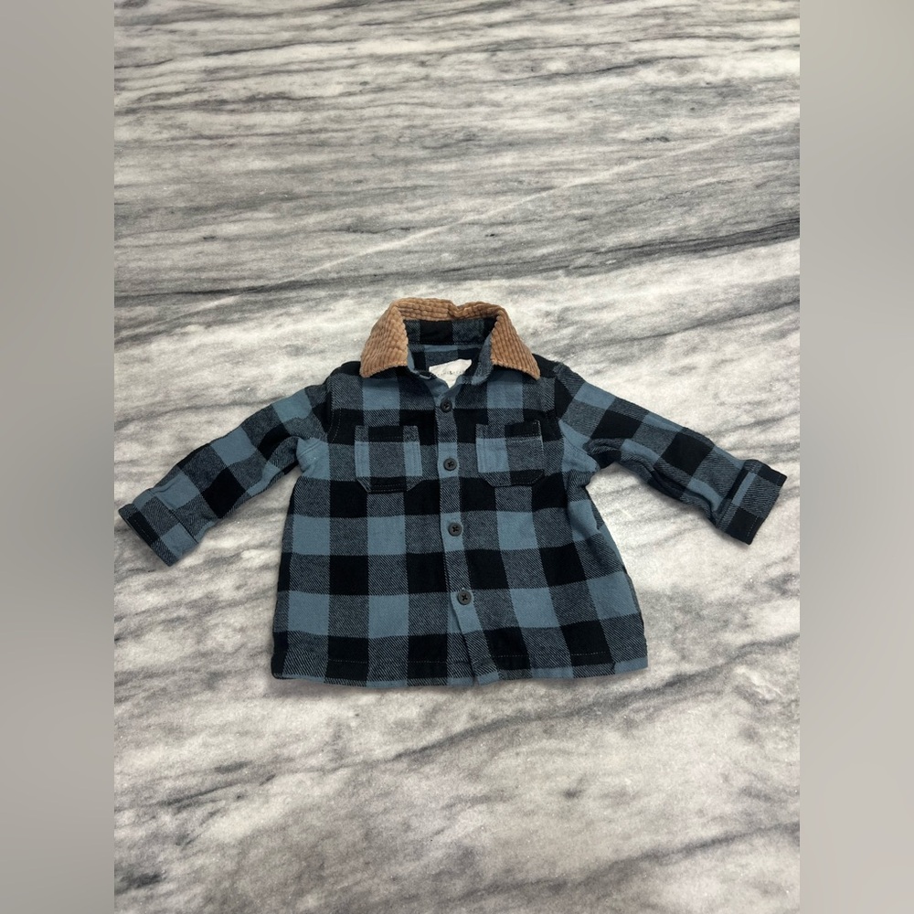 Scene & Heard blue / black Plaid Flannel shacket with Brown Collar size boys 12m